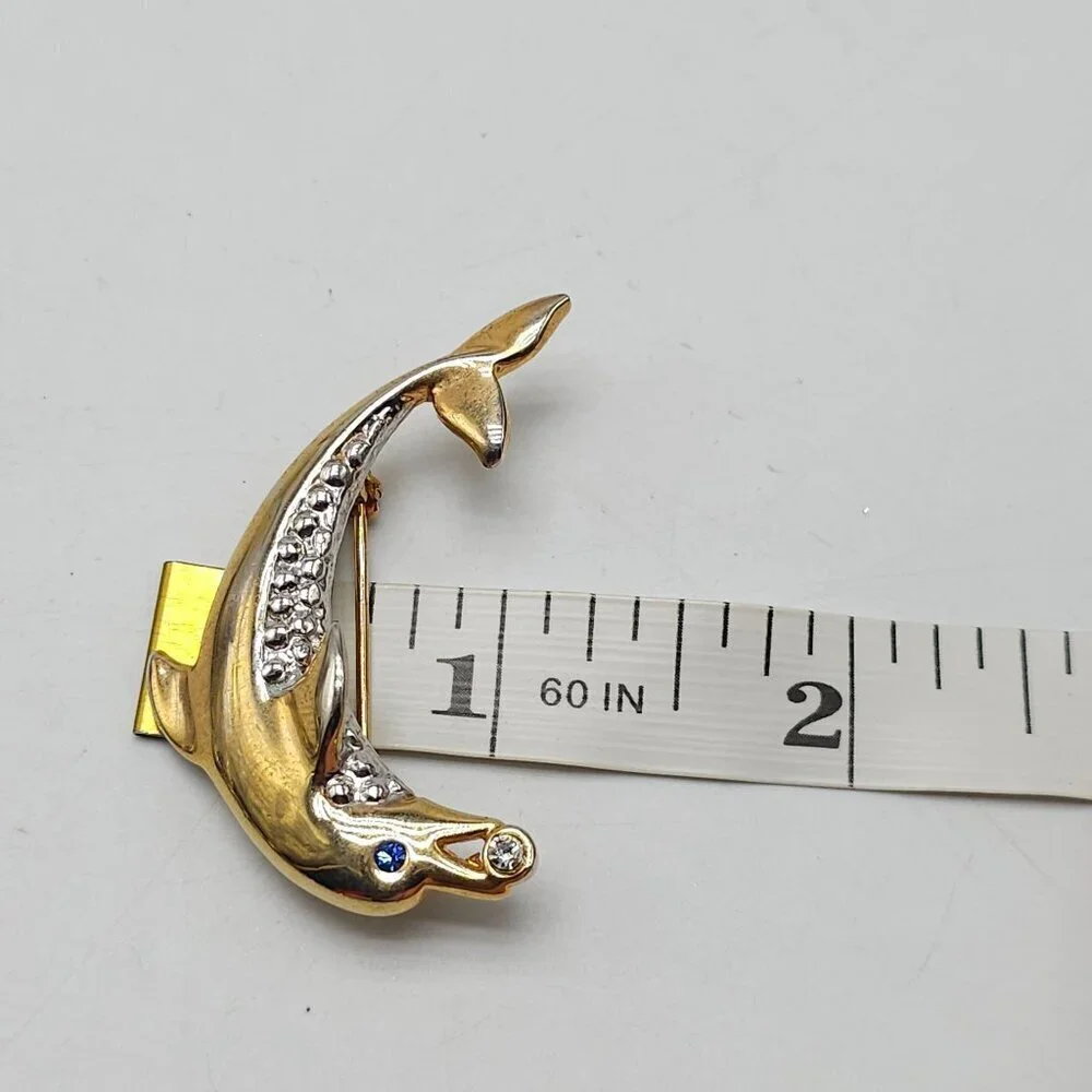 Gold Silver Dolphin Pin With Blue Clear Rhinestones Elegant Ocean-Inspired